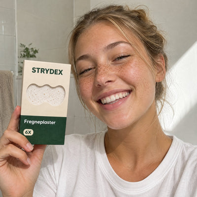 Kvinne med naturlige fregner holder Strydex fregneplaster