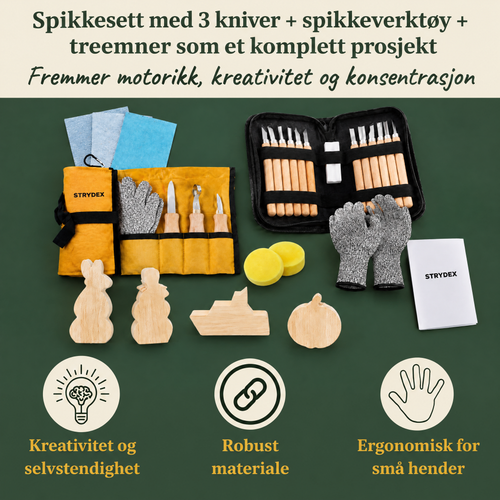 Mitt første spikkeprosjekt – komplett spikkesett med kniver og treemner